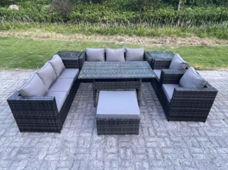 Fimous 9 Sitzer Outdoor Polyrattan Gartenmöbel Sofa Set Terrassen Rechteckiger Esstisch mit 2 Sesseln 2 Beistelltisch Hocker Dunkelgrau gemischt