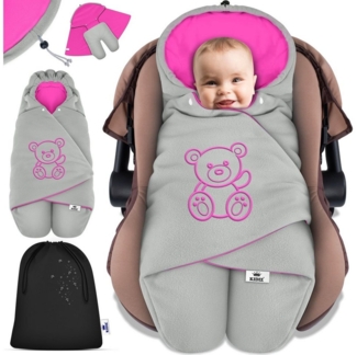 KIDIZ® Baby Einschlagdecke Babyschale Winter Herbst Babydecke mit Kapuze & Tasche Universal Fußsack kompatibel mit Maxi-Cosi, Römer, Buggy, Kinderwagen & Autositz isolierend gegen Wind, Nässe & Kälte Grau / Pink