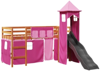 vidaXL Kinderhochbett mit Turm und Rutsche, Rosa, Massivholz Kiefer, Braun, 90x190 cm