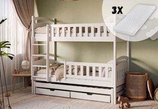 Kids Collective Etagenbett Hochbett Kinderbett 90x200 cm mit Lattenrost und Rausfallschutz, mit Ausziehbett, zwei Schubladen und drei Matratzen, weiß