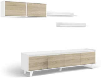 Dmora Wandsystem Anguria, TV-Ständer, Wohnzimmermöbel, Wohnzimmerkomposition mit Schrankwand und Regal, 200 x 50 x 41 cm, Weiß und Eiche