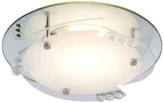 LED Deckenleuchte, Glas weiß, Kristalle, Spiegelrand, D 25 cm