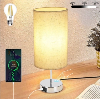 Nettlife Nachttischlampe Touch Dimmbar Stoffschirm E27 Vintage Tischleuchte, mit Ladefunktion USB, LED wechselbar, Warmweiß, für Schlafzimmer kinderzimmer Bedside