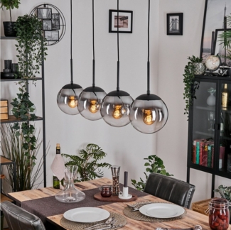 hofstein Hängeleuchte Hängelampe aus Metall/Glas in Schwarz/Rauchfarben/Klar, ohne Leuchtmittel, Leuchte im Retro/Vintage-Design mit Glasschirmen (20 cm), 4 x E27