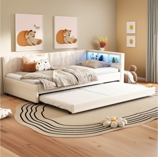REDOM Schlafsofa Modernes Polsterbett mit LED-Beleuchtung, USB-Ladeanschluss und ausziehbarem Rollbett, Kompaktes Schlafsofa mit Stauraum, Ohne Matratze