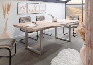 Massivmoebel24 Baumkantentisch FREEFORM (230x110x78 Akazie, Esstisch Baumtisch im Landhausstil aus Echtholz), Echte Baumkante, Natürliche Risse und Unebenheiten