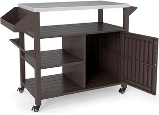 Grillwagen auf Rollen Grilltisch mit Edelstahl Servierwagen & 3 Ablagen & Schrank & Gewürzregal