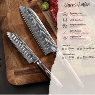 Wakoli Messer-Set 2er Damast Santokumesser-Set Küchenmesser Kochmesser mit Fingerschutz (Damastmesser mit Geschenkbox, 2-tlg, 2er Santokumesser-Set), VG10 Kern, 67 Lagen Damaststahl, Pakkaholzgriff, inkl. Geschenkbox