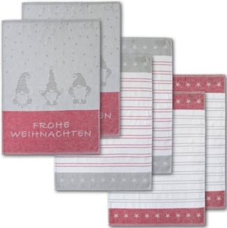 Dyckhoff Geschirrtuch Wichtel, mit Schriftzug Frohe Weihnachten, Streifen und Sternen, (Set, 6-tlg), mit 3 verschiedenen Motiven, Maße je Tuch ca. 50x70 cm, 100% Baumwolle