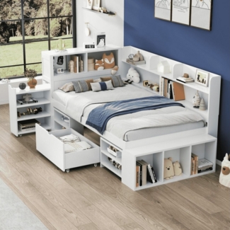 BlingBin Kinderbett Einzelbett, Multifunktionales Kinderbett, Stauraumbett, Jugendbett (Bettgestell mit Schubladen, Bücherregal und Stauschrank, 1-tlg, 90*200 cm, Ohne Matratze, Belastbarkeit maximal: 200KG), Großer Stauraum, Lattenrost, Weiß