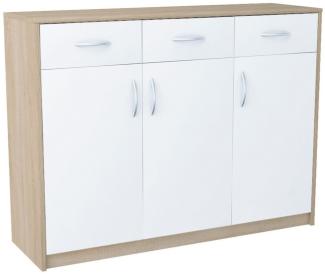 Home Collective Kommode mit 3 Schubladen und 3 Türen in matter Ausführung, Kommode 110cm (mit hochwertigen Polymergriffen, Hergestellt aus laminierten Platten, Metallrollen mit Auszugsperre), Holz Schrank Kommode mit Schubladen sonoma weß