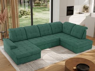 Ecksofa, Wohnzimmer U Couch, Polstersofa mit Bettkasten - MADRITO U - Grün Stoff - Rechts