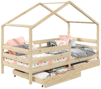 IDIMEX Kinderbett ENA, Hausbett Montessori 90 x 200 Bett Rausfallschutz Kiefer Schubladen Kin