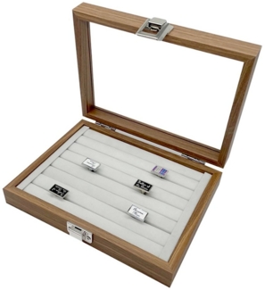 mixed24 Schmuckkoffer Kleiner Schmuckkoffer für Ringe, Ringdisplay Ringlade Ringbox Ringkiste Deckel aus Echtglas Dunkelbraun