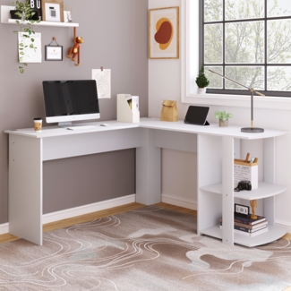 L-förmiger Schreibtisch 140 cm, Weiß, mit Ablagefach und Kabelführung, modernes Design, ideal für Home-Office und Büro