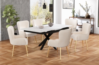 Samt-Esszimmerstuhl 83x53x57 cm 6er-Set, beige mit goldenen Beinen, Armlehnen