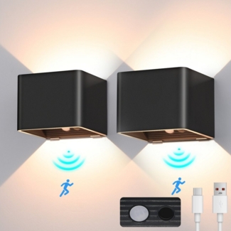 LETGOSPT LED Wandleuchte 2St Kabellose Wandlampe Akku Wandleuchte mit Bewegungsmelder, Schalter, LED fest integriert, Warmweiß, Innen Wandlampe 2200mAh USB Wiederaufladbar für Schlafzimmer Flur