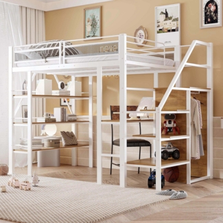 Merax Hochbett 140*200cm, Einzelbett, Kinderbett, dreilagiges Ablageregal, Schreibtisch, Kleiderschrank, Sicherheitsstufen mit Ablagefach, hohes Zaundesign, Eisenbett, Weiß