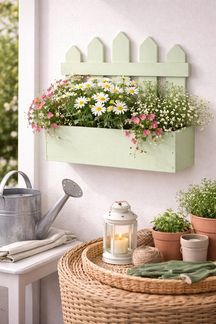 finehomegarden Blumenkasten Pflanzkasten Holz Zaun-Optik grün 23×10cm Höhe 27cm Pflanzgefäß (1 St), Mit Folie ausgelegt Dekorativer Kräuter- & Blumenpflanzkasten