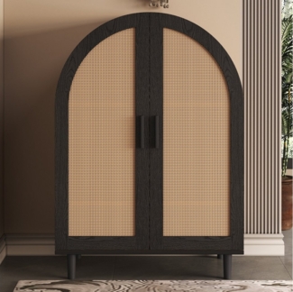 KLAM HOME Schuhschrank Elegantes Sideboard/Schuhschrank mit abgerundeter Außenseite Kommode mit durchbrochenen Rattantüren und drei Regalen