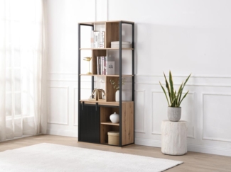 Vente-unique - Wohnwand mit Stauraum & 1 Schiebetür - MDF & Stahl - Holzfarben & Schwarz - YALENA