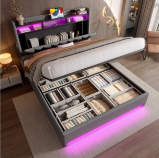 STILVORA Polsterbett 160x200 Stauraumbett mit matratze,Funktionbett mit LED und USB Type-C