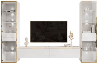 ALLHOUSE24 Wohnzimmer-Set Möbelset PEONY GOLD mit LED weiß Hochglanz Glasvitrine TV Schrank, (1x TV Schrank, 2 x Vitrinen), Fronten in Hochglanz, LED Beleuchtung