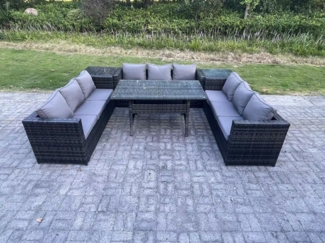 Fimous Outdoor Polyrattan Gartenmöbel Sofa Set Terrassen Rechteckiger Esstisch mit 2 Beistelltisch 9 Sitzer Dunkelgrau gemischt