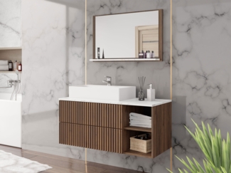 Badmöbel-Set Kormen Rillen I (Farbe: Nuss Warmia / Nuss Warmia Rillen + Marmor Bianco)