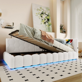 TavilaEcon Boxspringbett Daybett, Schlafsofa mit Lattenrost und LED-Lichtleiste, mit hydraulischem Hebemechanismus, USB-Anschluss, Typ-C, weiß/rosa