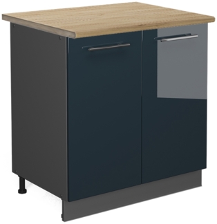 Spülenunterschrank Fame-Line Dunkelblau Hochglanz 80 cm mit Regal, AP Eiche Vicco