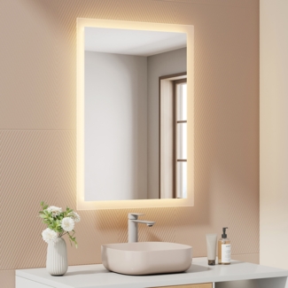 EMKE LED Badspiegel mit Beleuchtung 70x50cm Warmweiß Licht Badezimmerspiegel Wandschalter (nicht enthalten)