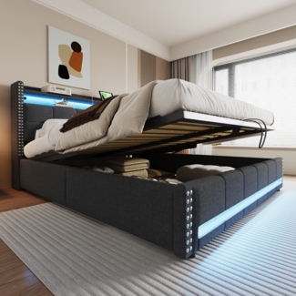 Polsterbett mit LED-Beleuchtung und USB-Steckdose, Kopfteil mit Ablagen und Stauraum, hydraulischer Stauraum, Doppelbett für Erwachsene, Leinenstoff, 180×200 cm