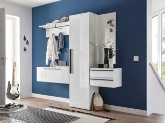 moebel-dich-auf Garderoben-Set NEW HAVEN, (Komplett-Set, 1-St, Hochschrank + Paneel + Spiegel + 2 Schubkästen & 1 Hängeschrank), Front weiß MDF