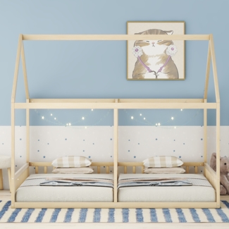 Bett 90x200 cm Hausmodell 2-in-1 mit Geländer – Kinderbett aus Kiefernholz und MDF, natur