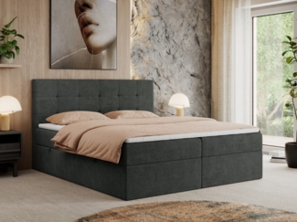 Boxspringbett, Doppelbett Matratze und Topper, Polsterbett - CENTOS - 160x200 cm - Grau Stoff - H3