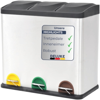 DELUKE® Mülleimer 3 Fächer Edelstahl - 3x 18L Inneneimer herausnehmbar | Pedaleimer Tretmülleimer Küche Abfalleimer mit Deckel Müllbehälter Kücheneimer Treteimer Büro