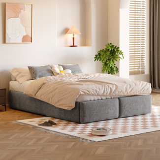 Polsterbett mit hydraulischer Lagerung, 2 Schubladen Stauraum, Leinen-Bezug,Erwachsene und Jugendliche, Grau