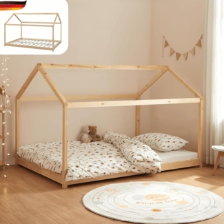 DELUKE® Kinderbett 120x200 cm FOGO - mit Lattenrost Kiefernholz Haus-Optik Einzelbett Hausbett Kinderzimmer Bodenbett Montessori Bett Braun