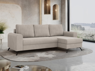 Ecksofa L-form, Bettsofa mit Schlaffunktion, zwei Bettkasten - AXEL - Beige Velours