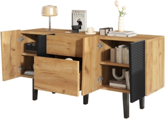 Sideboard 140x40x70 cm, Eichenoptik mit 2 Schubladen & 4 Türen, Massivholzbeine, höhenverstellbare Einlegeböden,Eiche