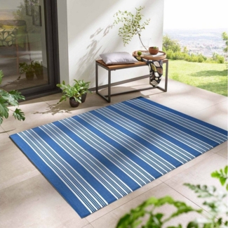TaraCarpet Teppich TaraCarpet Outdoor Teppich Santa Monica wetterfest, rechteckig, Höhe: 3 mm, Kurzflor blau gestreift Balkon Garten Terrasse Camping 120x170 cm