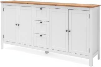 KHG Sideboard 4-türig mit 2 Einlegeboden Landhaus, 4 Schubladen, Kommode aus Holzwerkstoff weiß foliert, Deckplatte Holzoptik Asteiche foliert, silberne Metall-Griffe, 180 x 90 x 40 cm (B/H/T)