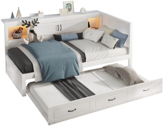 Massivholzbett mit Gästebett und LED-Beleuchtung (90x200 cm) Einzelbett, Jugendbett mit Lattenrost, Kiefer, weiß