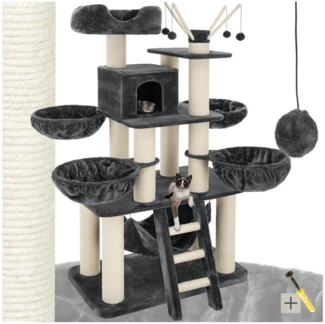 tectake Kratzbaum Katzenbaum Gismo 195 cm Diverse Farben (Grau/Weiß), Vielseitig mit robusten Sisalstangen und Plüschoberfläche