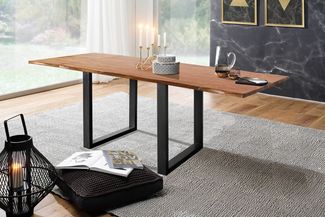 KAWOLA Esstisch LORE 140x90cm Akazie massiv nussbaumfarben natürliche Baumkante mit 2 Ansteckplatten