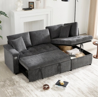 Merax Ecksofa ausziehbares Schlafsofa mit Bettfunktion & USB-Ladeanschluss, Chenille Stoff, 209 x 130 x 84 cm 1 Teile, L-Form Sofa mit Armlehnenablage, Getränkehalter, 2 Kissen & Stauraum
