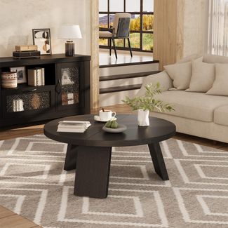 GarveeHome 85cm Runder Couchtisch, Moderner Runder Holztisch Mit Schrägen Beinen, Akzent-Cocktailtische Für Wohnzimmer, Schlafzimmer, Einfache Montage, Schwarz