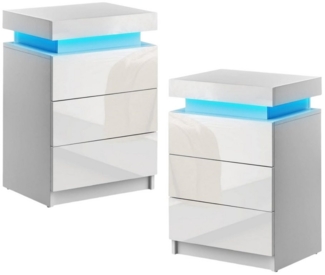 OULENBIYAR Nachttisch 2er Set Nachttisch mit RGB Led Licht, Hochglanz-Schrank, 3 Schubladen, 16 Farben Beleuchtung Holz Beistelltisch, für Wohnzimmer, Schlafzimmer