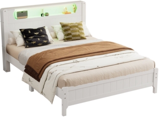 Sweiko Stauraumbett Funktionsbett Doppelbett Holzbett Juniorbetten Gästebett (Flachbetten,Offenes Regal,Mit Umgebungslichtstreifen,Heranwachsende und Erwachsene, 1-tlg, Rahmen aus Kiefer, Kiefer+MDF, Weiß), 140x200cm,ohne Matratze